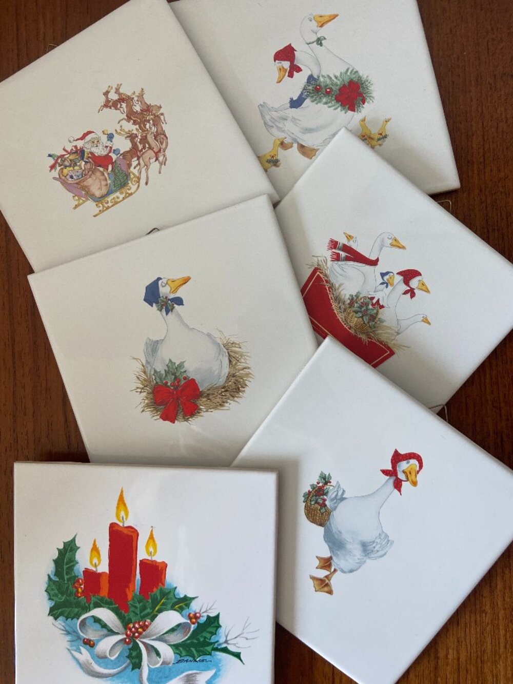Vintage Christmas Ceramic Tile Wall Hangings Set of 6 | Geese Santa Candles 5” S